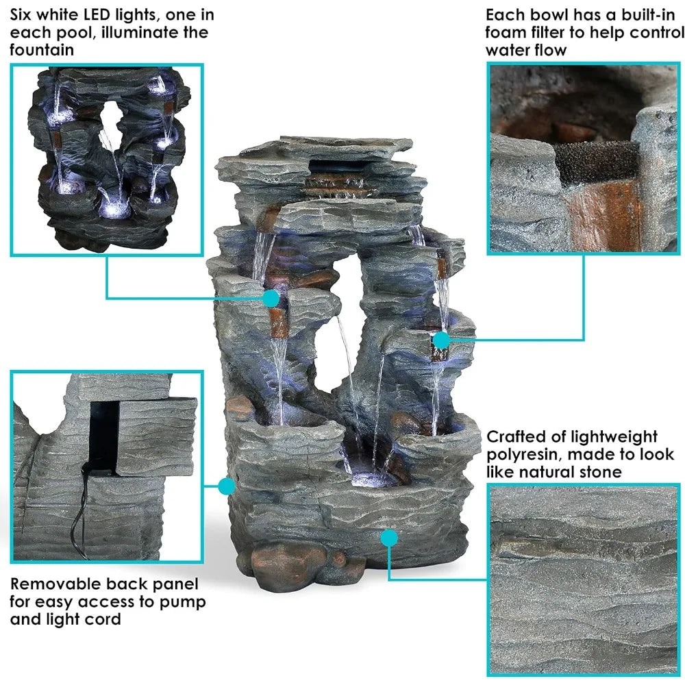 Dual Cascading Rock Falls 39 Inch Outdoor Water Fountain with LED Lights Electric Submersible Pump