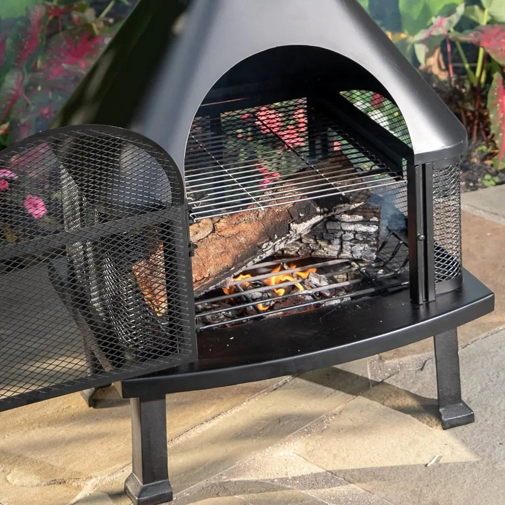 Wood Burning Outdoor Fire House With Chimney Freestanding Metal Fire Pit 360 Degree View Durable Classic Style