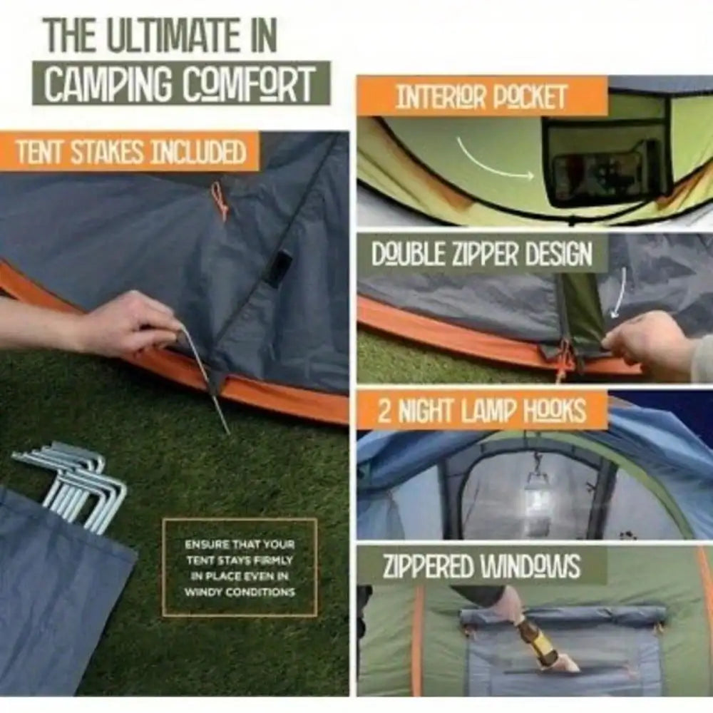 Camping Tent for 4 People Easy Pop Up Design with 2 Doors UPF50 Waterproof