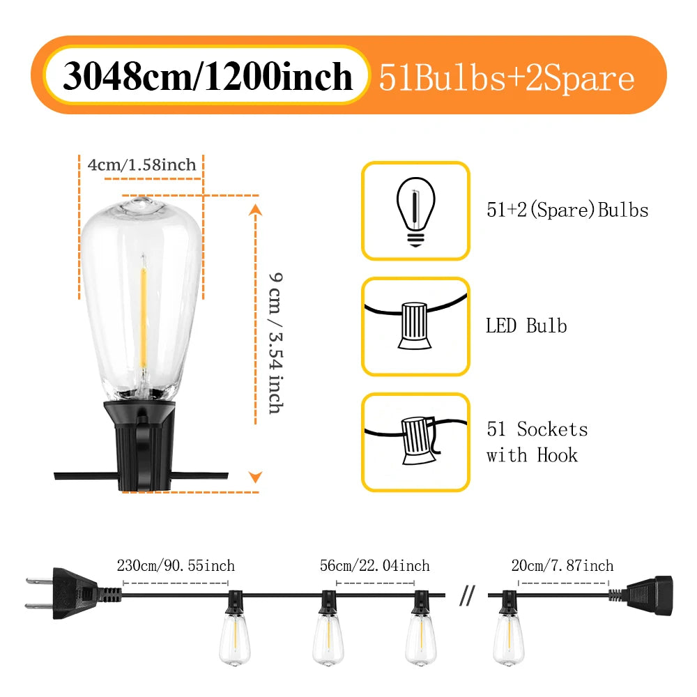 50ft 100ft 25ft LED Outdoor String Lights Shatterproof ST38 Bulbs Dimmable Connectable Warm White for Garden Porch