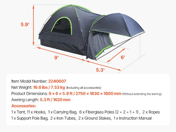 VEVOR Pickup Truck Tent for Camping Waterproof PU2000 2-3 Person Truck Bed Tent with Expandable Awning