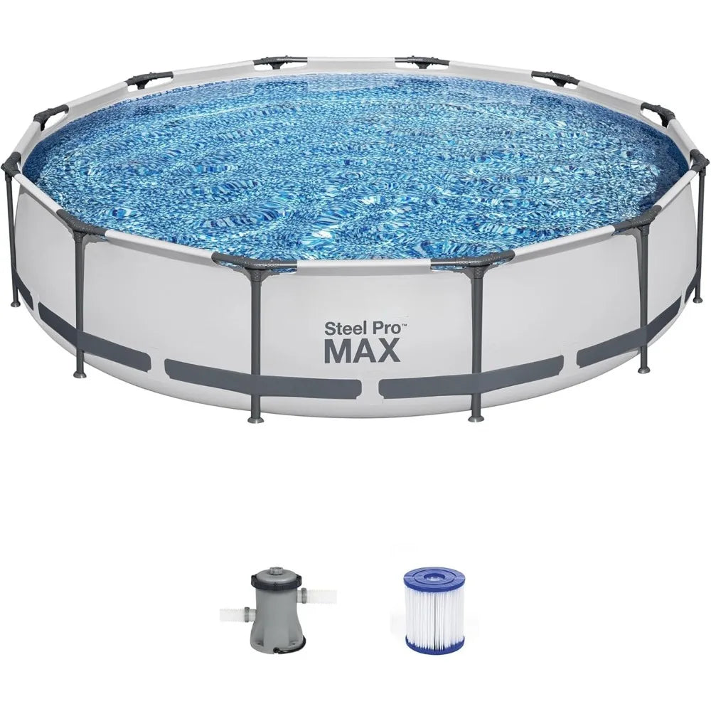 Steel Pro MAX 12 Foot x 30 Inch Round Metal Frame Above Ground Swimming Pool Set with 330 GPH Filter Pump