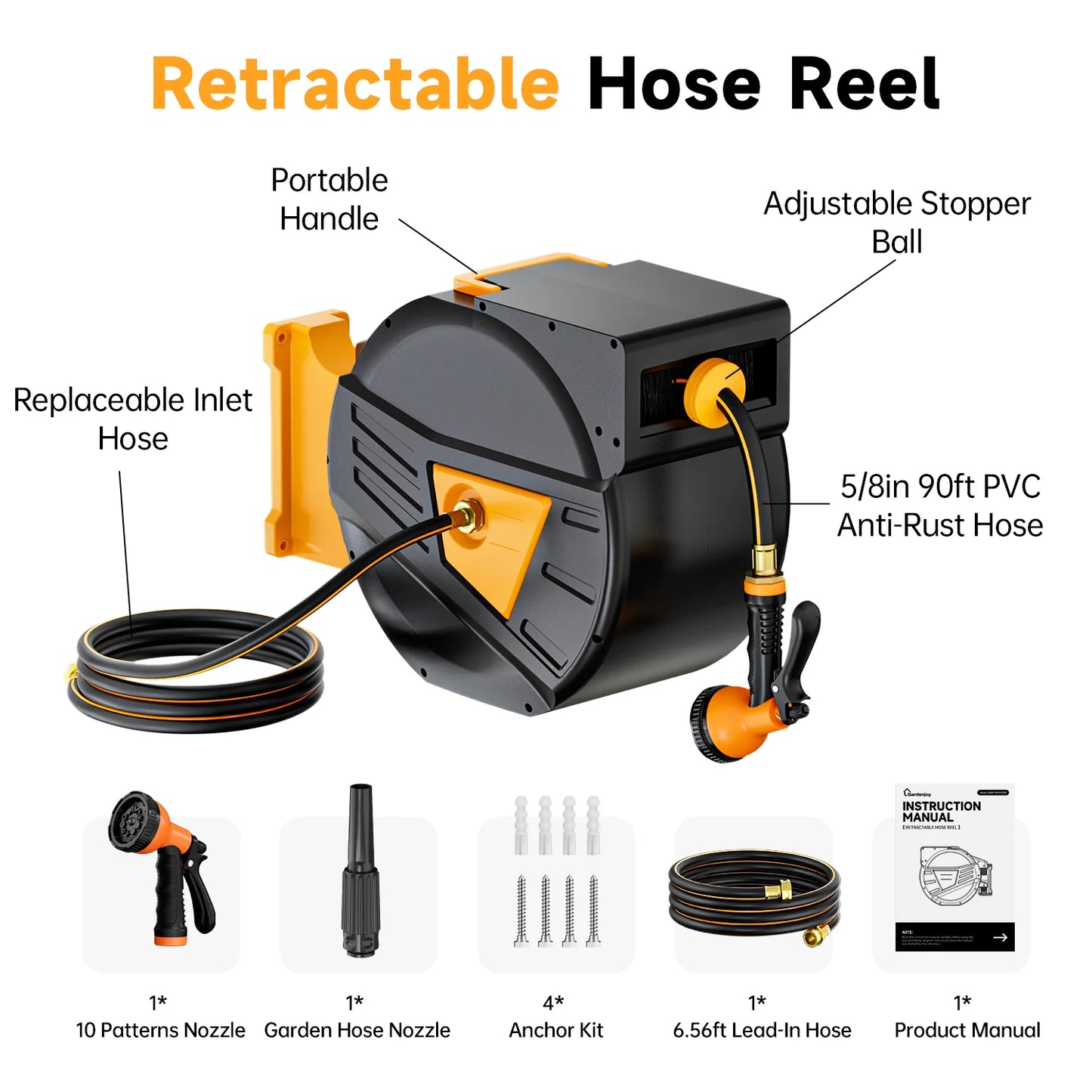 GardenJoy Retractable Garden Hose Reel 5/8in 90ft Tools