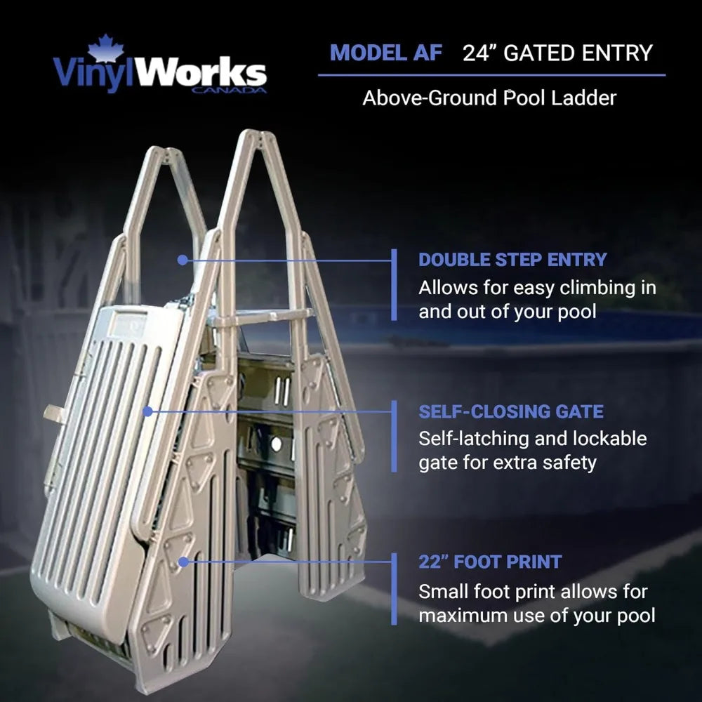 24 Inch Double Pool Step Ladder with Gate Adjustable Stair Entry System with Handrails for Above Ground Swimming Pools Taupe