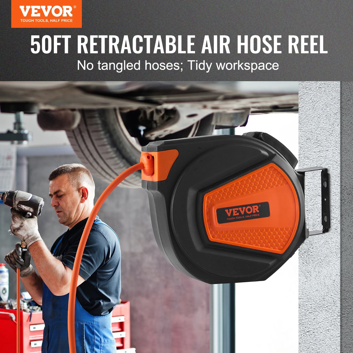 VEVOR 50FT Retractable Air Hose Reel Wall Mounted PVC Hose Automatic Rewinding Swivel Line Compressor for Automobile Maintenance
