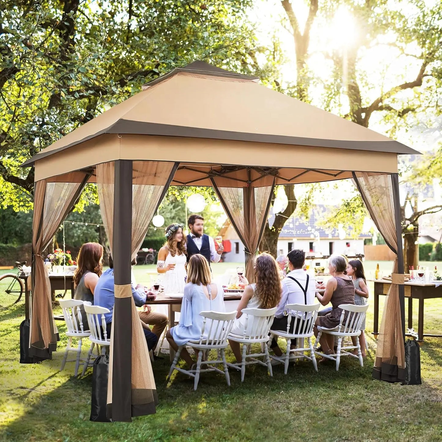 Gazebo 3.3x3.3m Waterproof Stable Pop Up Folding Gazebo, Adjustable Garden Gazebo with 4 Mosquito Net Side Panels & Double Roof - Get Outside Today 25