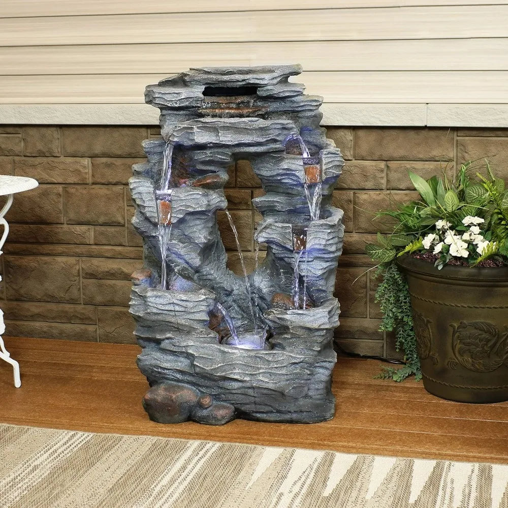Dual Cascading Rock Falls 39 Inch Outdoor Water Fountain with LED Lights Electric Submersible Pump