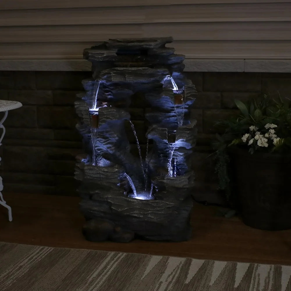 Dual Cascading Rock Falls 39 Inch Outdoor Water Fountain with LED Lights Electric Submersible Pump