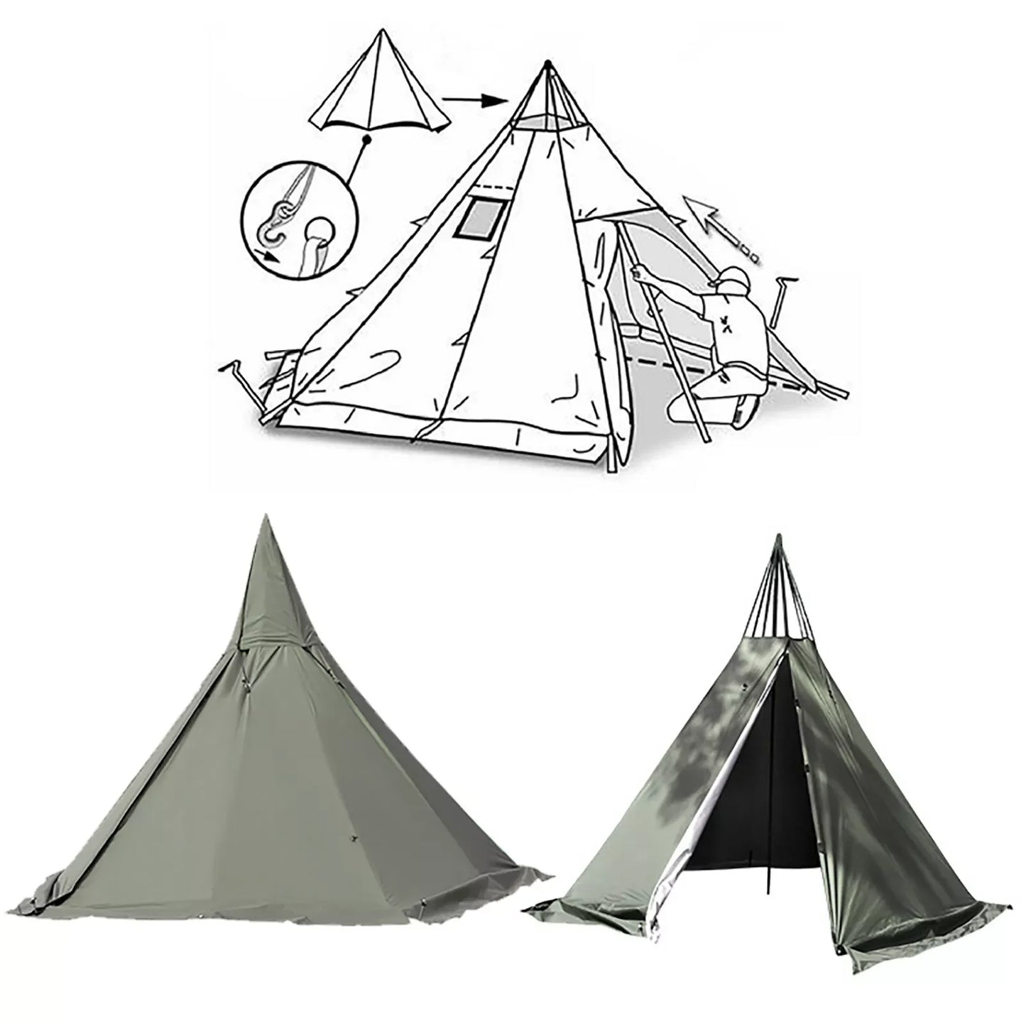 Outdoor Camping Teepee Tent Four Season Waterproof Tent with Two Doors and Breathable Green Design