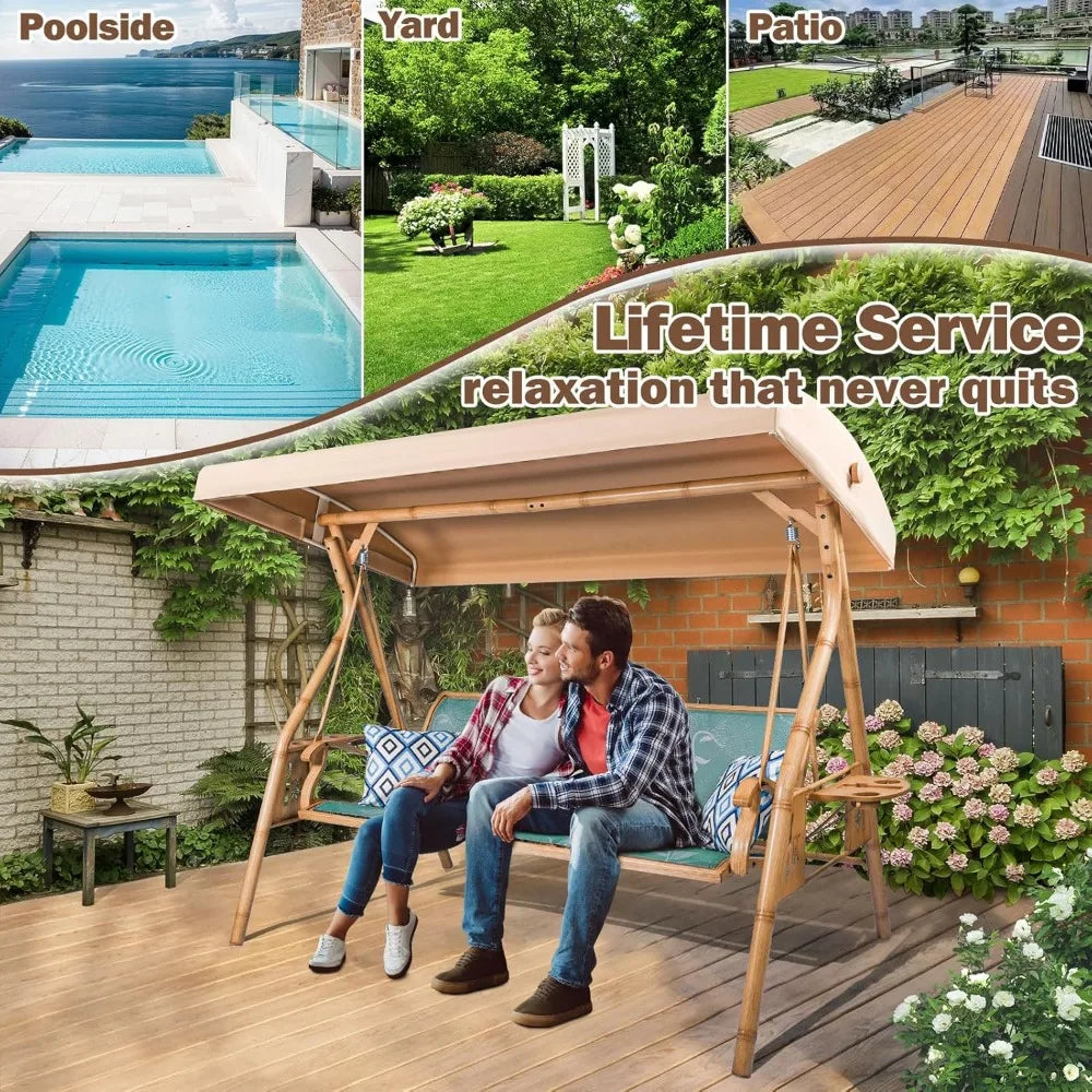 3 Person Patio Swing Outdoor Swing for Adults with Adjustable Canopy and Upgraded Cup Holders Textilene Fabric Porch Swing Chair