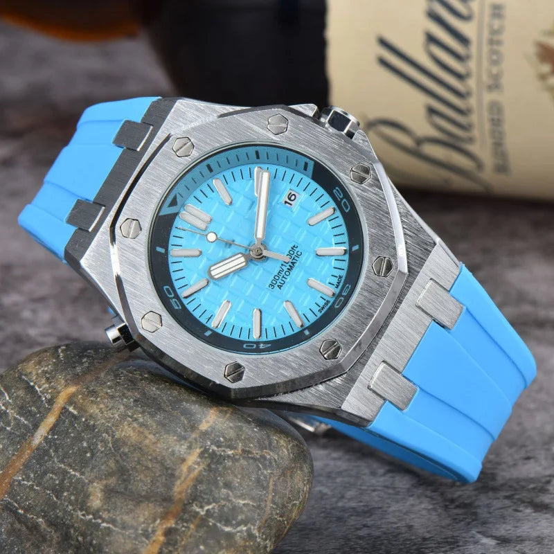 2025 Men's Luxury Quartz Watch Silicone Strap Sapphire Crystal Waterproof 100M Luminous Date Display Business Casual