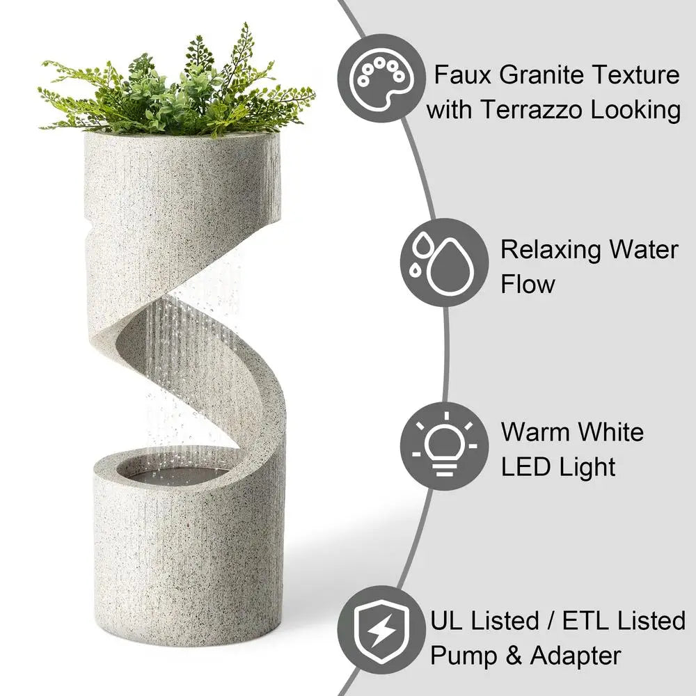 LED Outdoor Water Fountain Decorative Tiered Spiral Curved Waterfall Feature Planter with Relaxing Sound and Durable Resin Garden Accent