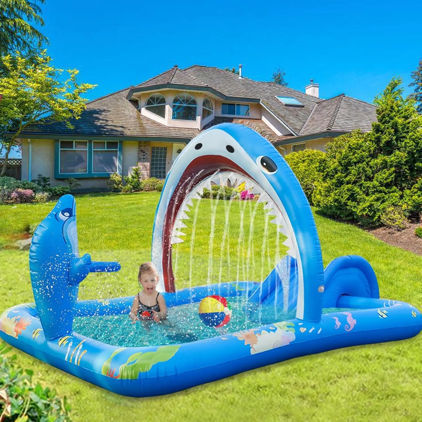 Inflatable Kiddie Pool Inflatable Play Center Kids Toddler Pool with Water Slide, Water Sprayers Toddler Pool with Play Ball Hoo - Get Outside Today 25