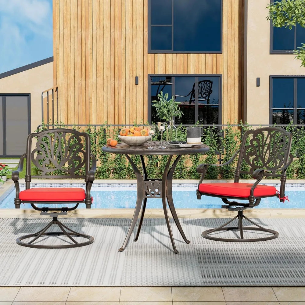 3 Piece Patio Dining Table Set for 2 Cast Aluminum Outdoor Furniture 31 Inch Round Table with Umbrella Hole and 2 Swivel Chairs