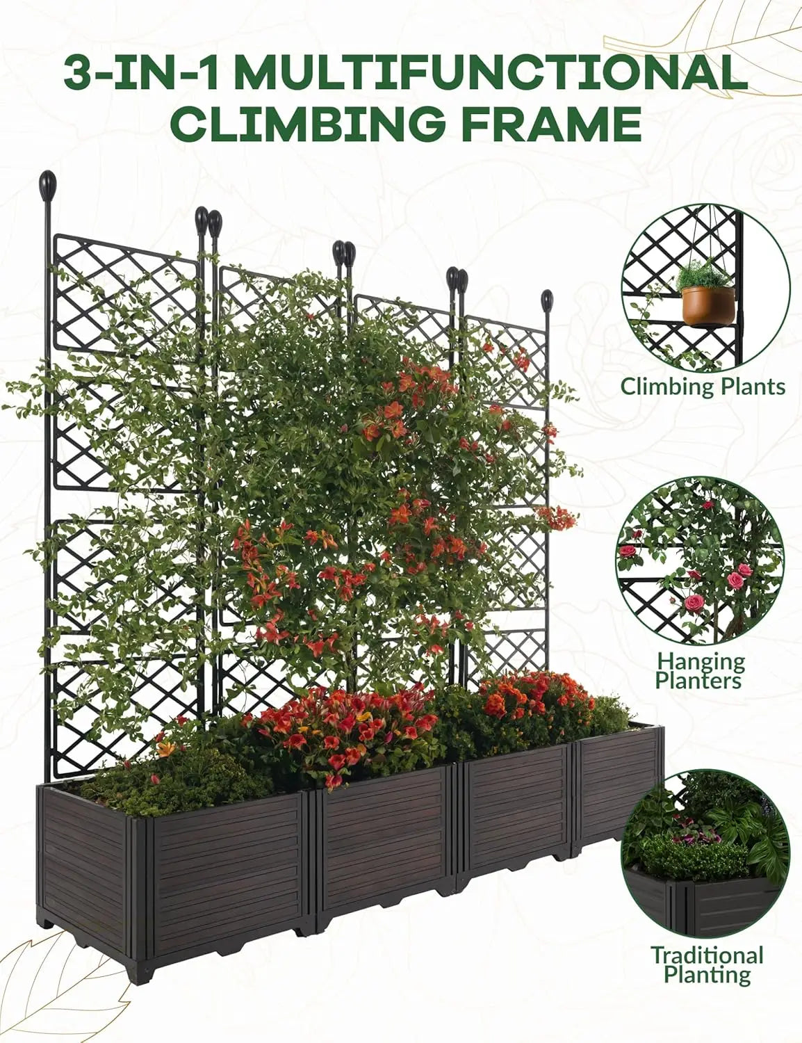 Plastic Plant Box with Metal Trellis Raised Garden Bed Planter for Climbing Plants Outdoor Privacy Screen