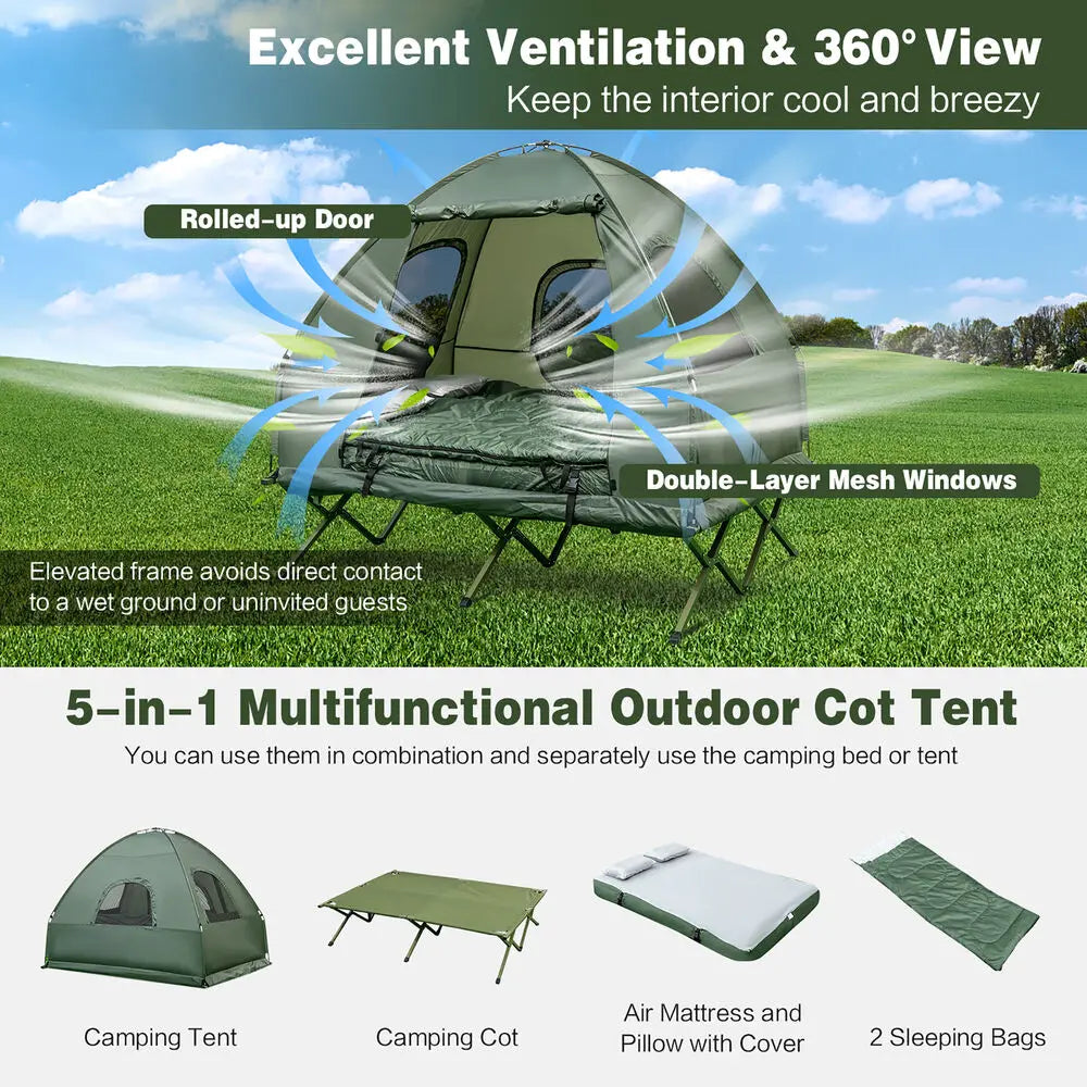 2 Person Compact Portable Tent Camping Cot with Air Mattress and Sleeping Bag