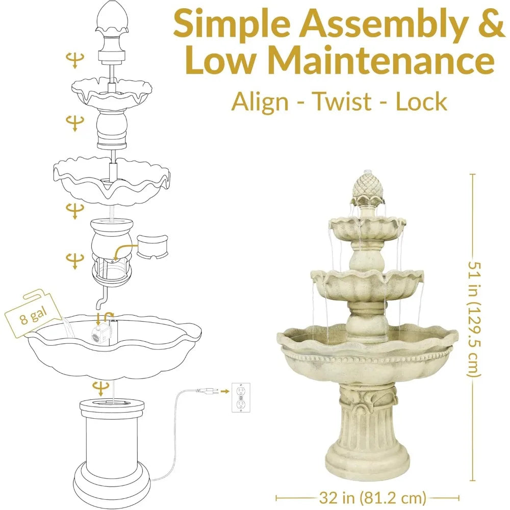 51 Inch Electric Water Fountain Outdoor Water Feature 3 Tier Fountain with Pineapple Top White