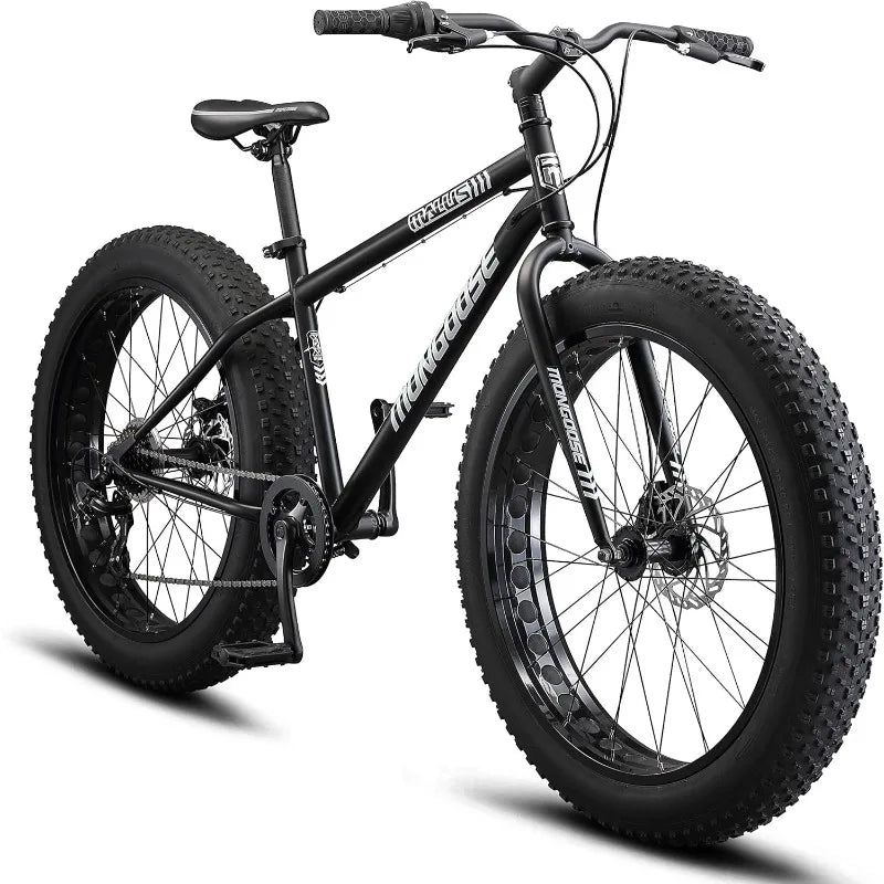 Mongoose Malus Unisex Fat Tire Mountain Bike with 26 Inch Wheels and 4 Inch Wide Knobby Tires Steel Frame