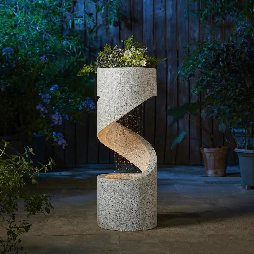 LED Outdoor Water Fountain Decorative Tiered Spiral Curved Waterfall Feature Planter with Relaxing Sound and Durable Resin Garden Accent