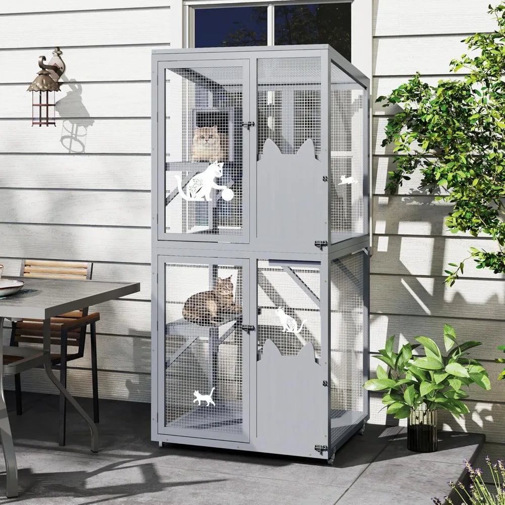 Grey Outdoor Cat Enclosure With Wheels Window Access