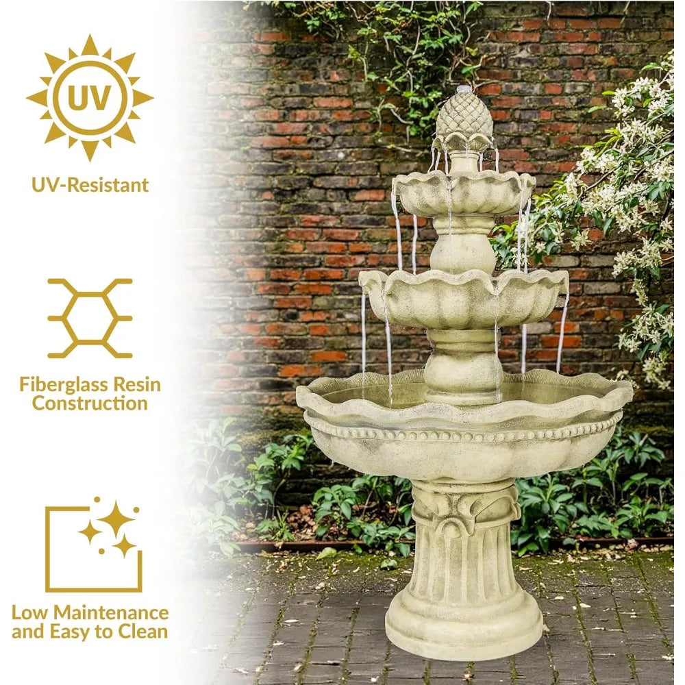 51 Inch Electric Water Fountain Outdoor Water Feature 3 Tier Fountain with Pineapple Top White