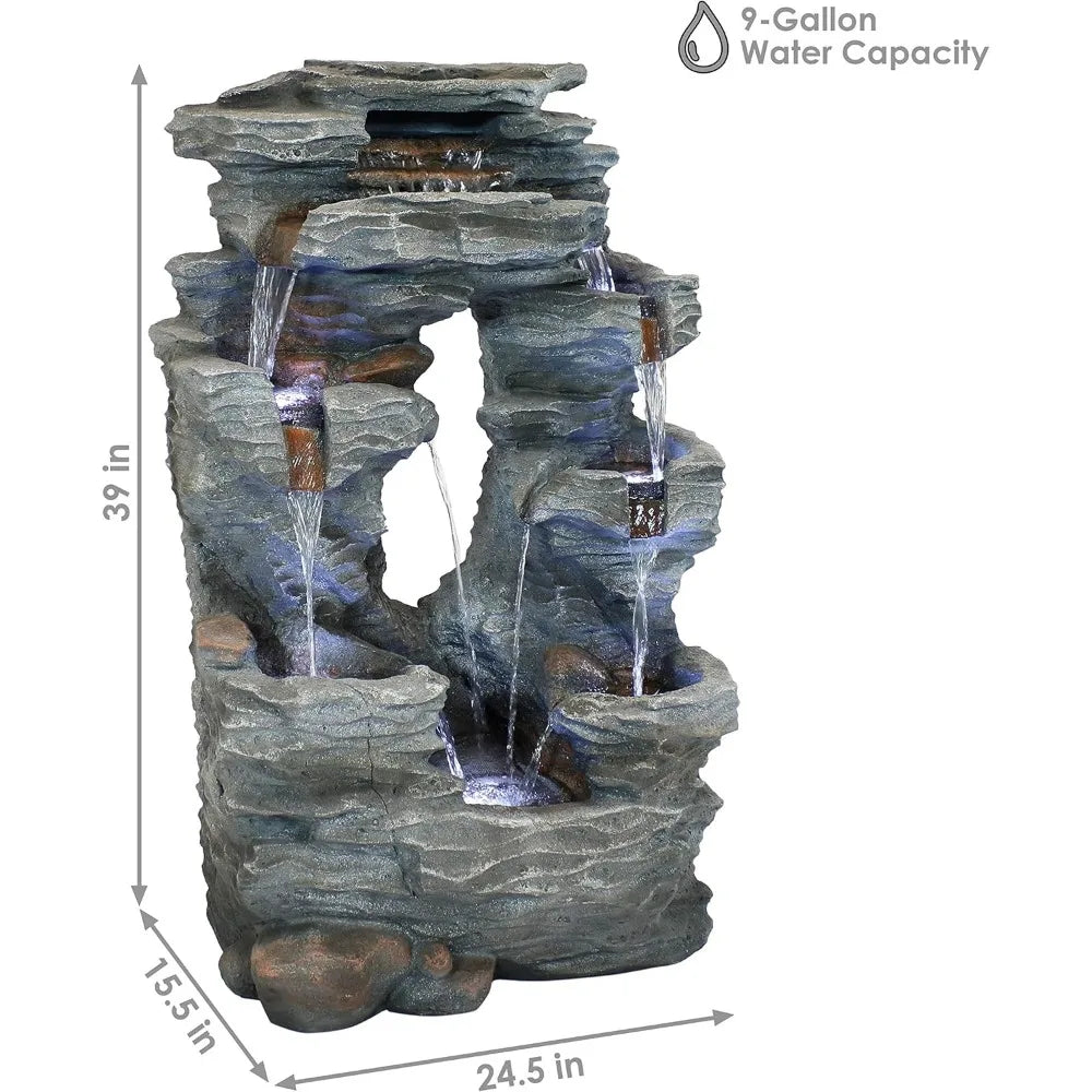 Dual Cascading Rock Falls 39 Inch Outdoor Water Fountain with LED Lights Electric Submersible Pump