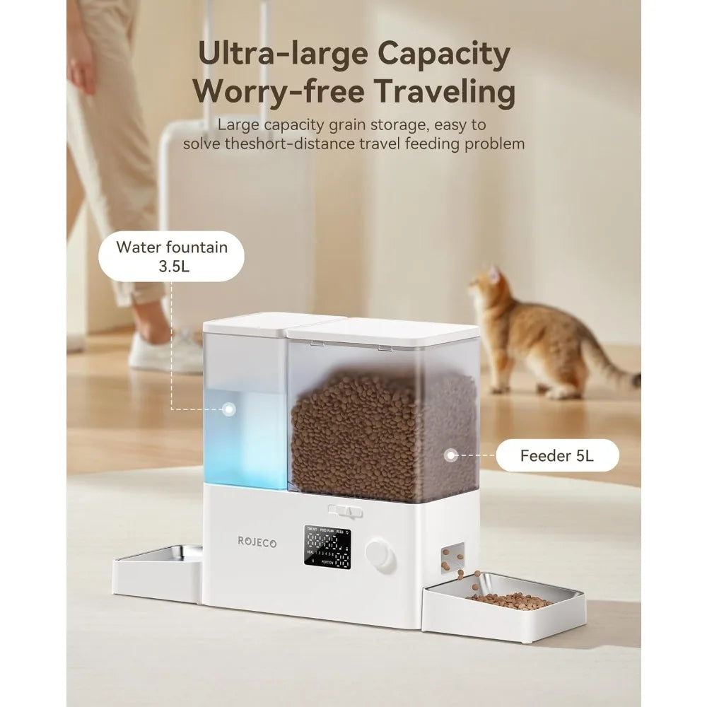 Pet Automatic Cat Feeder and Gravity Water Dispenser 2 in 1 Set Large Capacity 5L Food Feeder and 3.5L Water Fountain