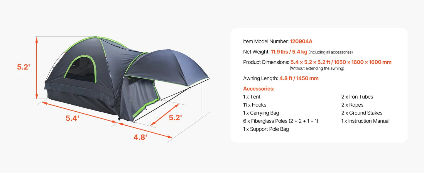 VEVOR Pickup Truck Tent for Camping Waterproof PU2000 2-3 Person Truck Bed Tent with Expandable Awning