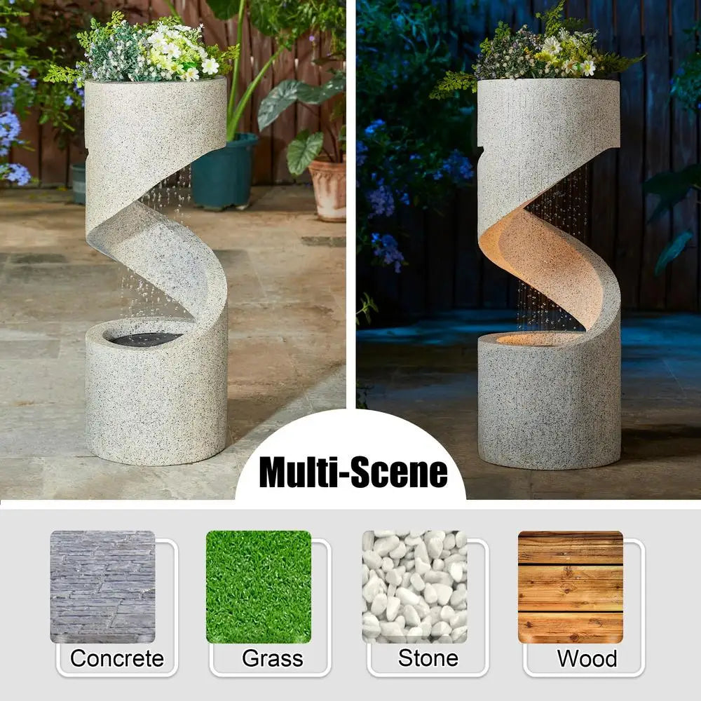 LED Outdoor Water Fountain Decorative Tiered Spiral Curved Waterfall Feature Planter with Relaxing Sound and Durable Resin Garden Accent