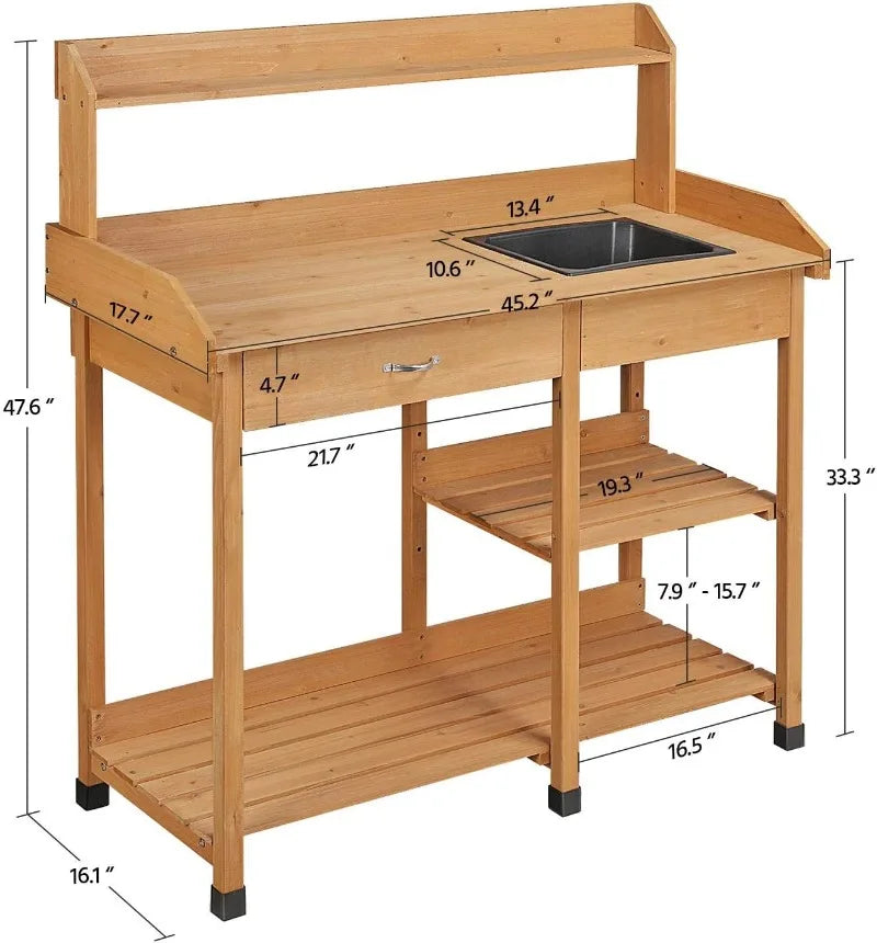Potting Bench Outdoor Garden Work Station Solid Wood Construction with Sink Drawer and Shelves for Horticulture