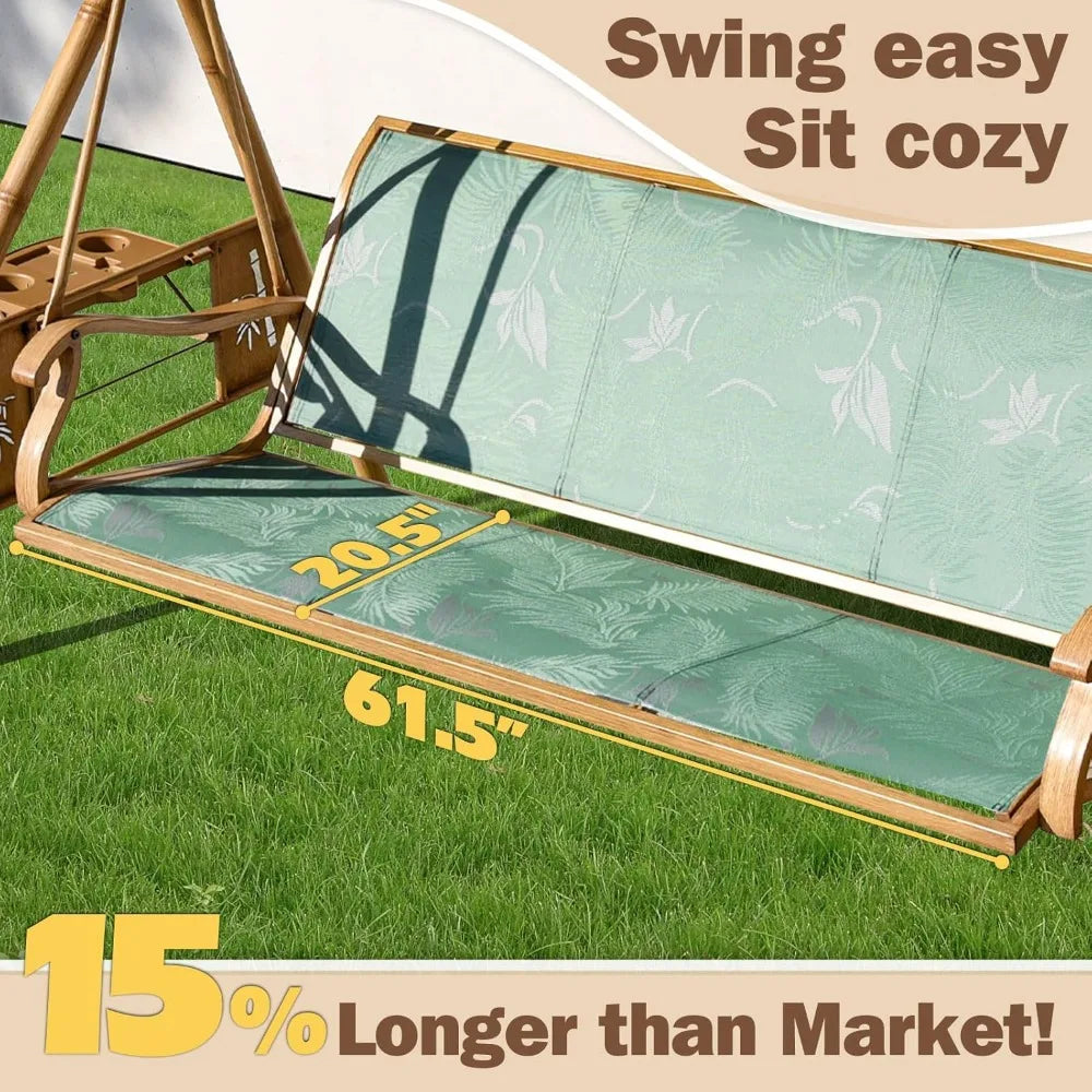 3 Person Patio Swing Outdoor Swing for Adults with Adjustable Canopy and Upgraded Cup Holders Textilene Fabric Porch Swing Chair