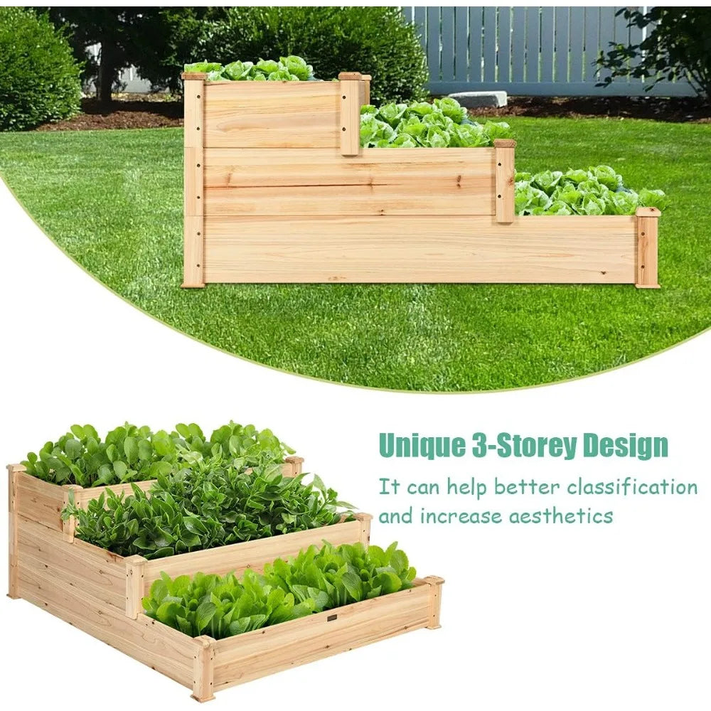 S AFSTAR 3 Tier Raised Garden Bed Wood Elevated Planter Box with 3 Dividable Bed Kit Outdoor Above Ground Garden Beds for Plants