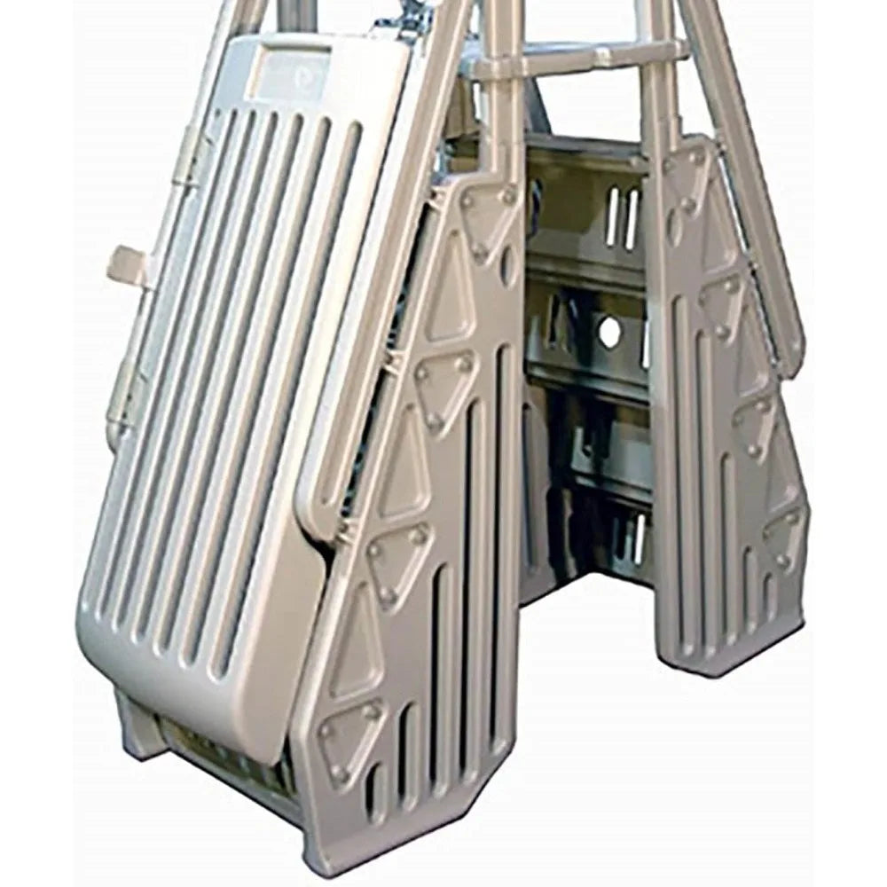 24 Inch Double Pool Step Ladder with Gate Adjustable Stair Entry System with Handrails for Above Ground Swimming Pools Taupe