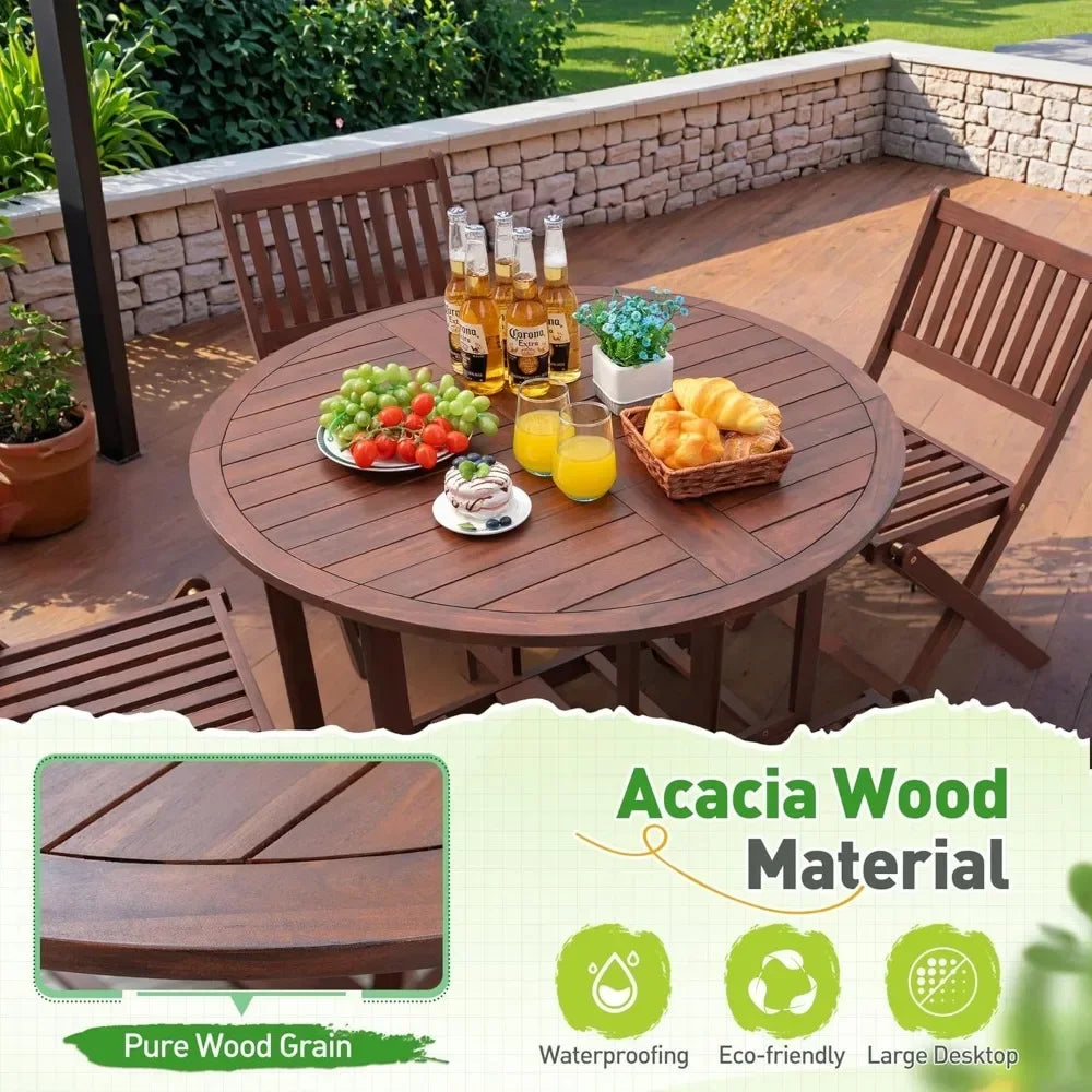 5 Piece Patio Dining Set Outdoor Acacia Wood All Weather Folding Round Table and Chairs for Backyard Balcony Porch