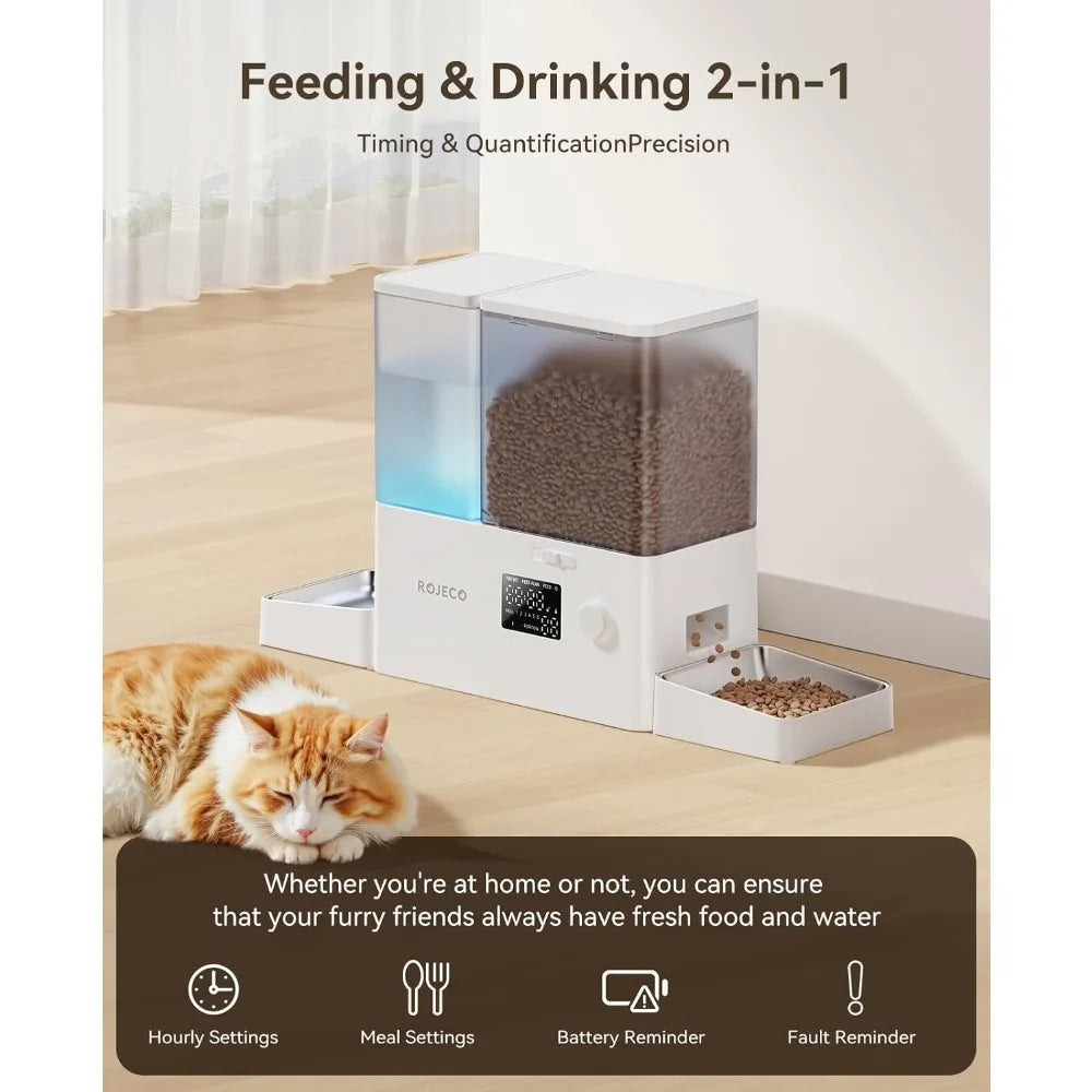 Pet Automatic Cat Feeder and Gravity Water Dispenser 2 in 1 Set Large Capacity 5L Food Feeder and 3.5L Water Fountain