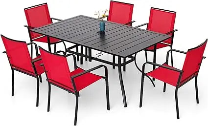 7 Piece Outdoor Patio Dining Set with 6 Stackable Chairs and Rectangular Table in Black