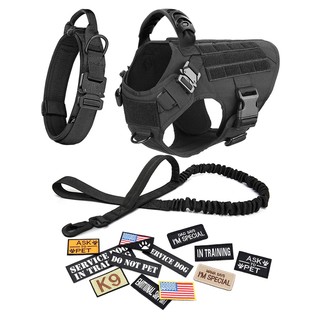 Dog Harness Leash Collar Patches Set for Medium Large Dogs Military Pet Vest Adjustable Tactical Dog Harnesses Training Walking