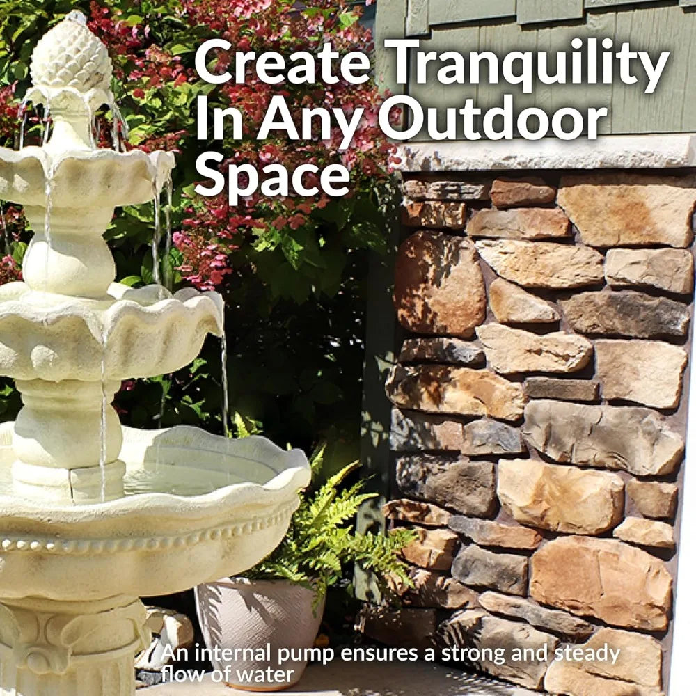 51 Inch Electric Water Fountain Outdoor Water Feature 3 Tier Fountain with Pineapple Top White