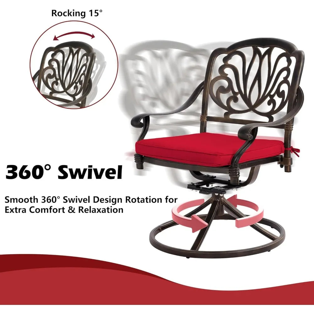 3 Piece Patio Dining Table Set for 2 Cast Aluminum Outdoor Furniture 31 Inch Round Table with Umbrella Hole and 2 Swivel Chairs