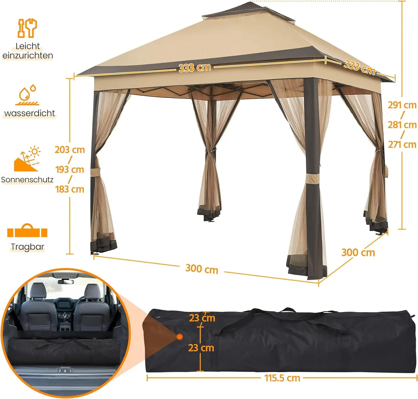 Gazebo 3.3x3.3m Waterproof Stable Pop Up Folding Gazebo, Adjustable Garden Gazebo with 4 Mosquito Net Side Panels & Double Roof - Get Outside Today 25