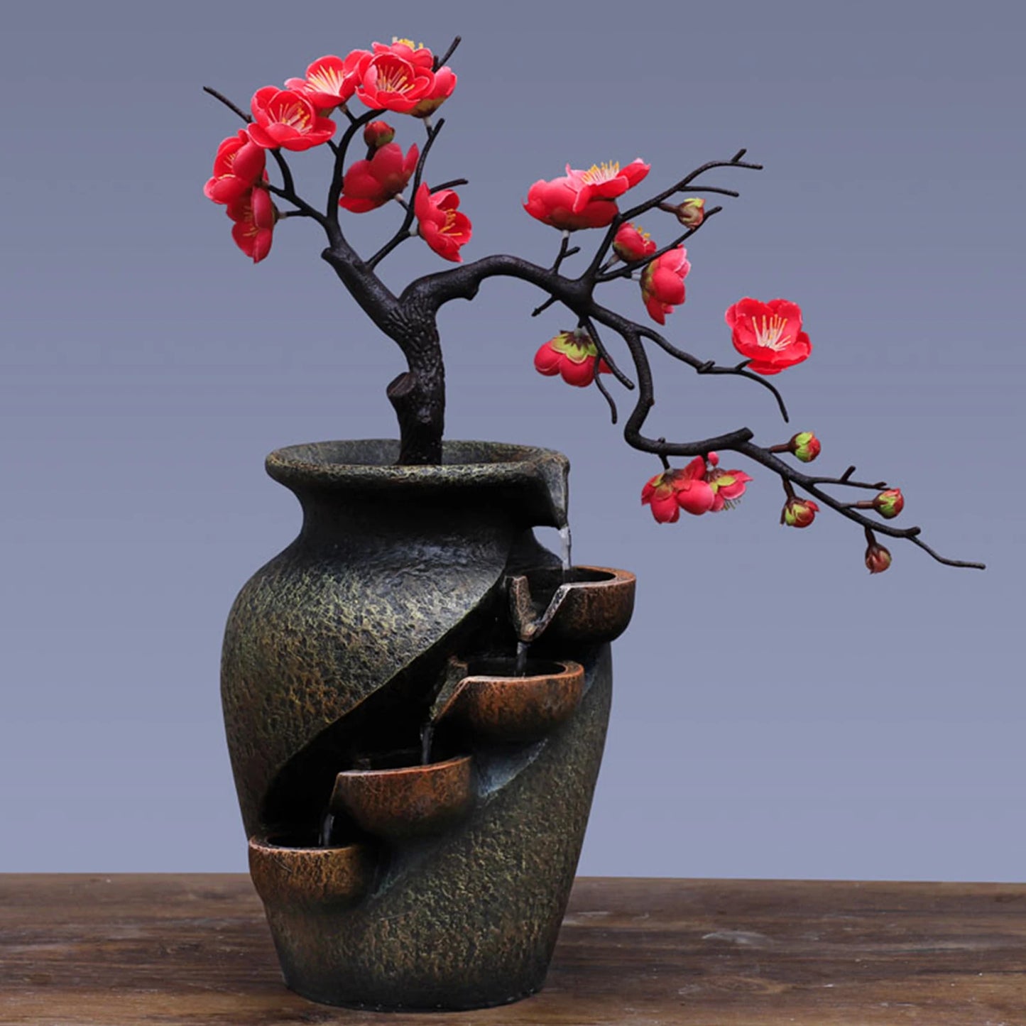 Water Fountain with Rock Led Light Mist Mini Fountain Water Humidifier Office Relaxation Decor Retro Zen Resin Desktop Vase