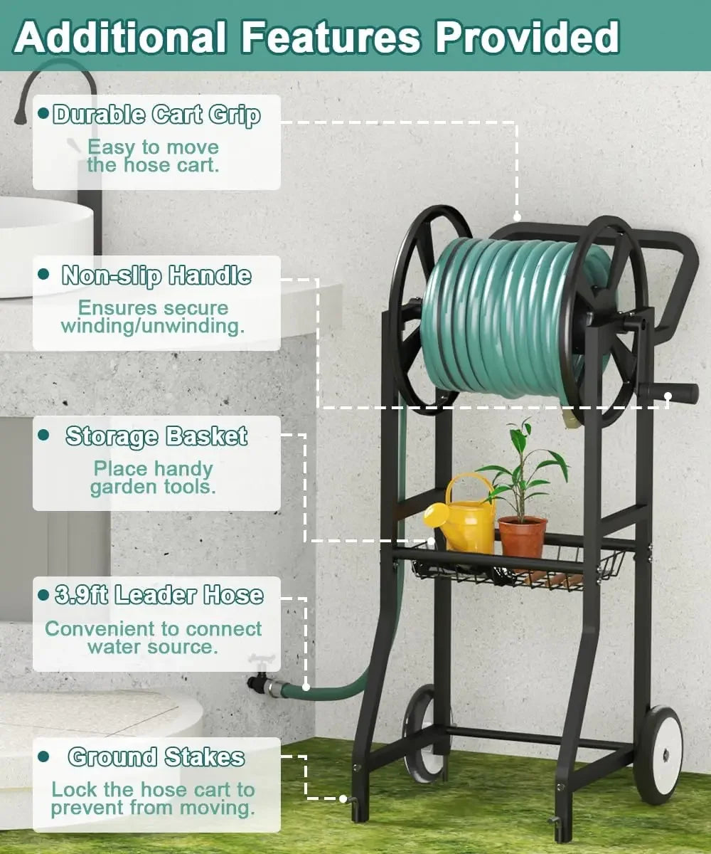 Garden Hose Reel Cart with Wheels Outdoor Heavy Duty Powder Coated Steel Water Winder Storage Holds 125 Ft 5/8 Inch Hoses with Leader Hose and Basket - Get Outside Today 25