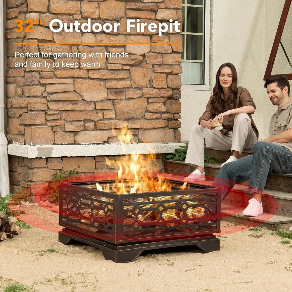 Square Outdoor Wood Burning Fire Pit With Mesh And Poker
