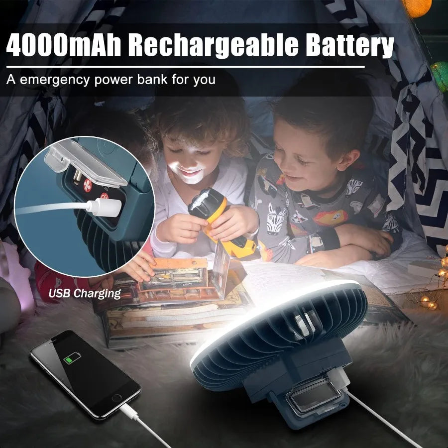 Portable Camping Fan With LED Lantern USB Rechargeable