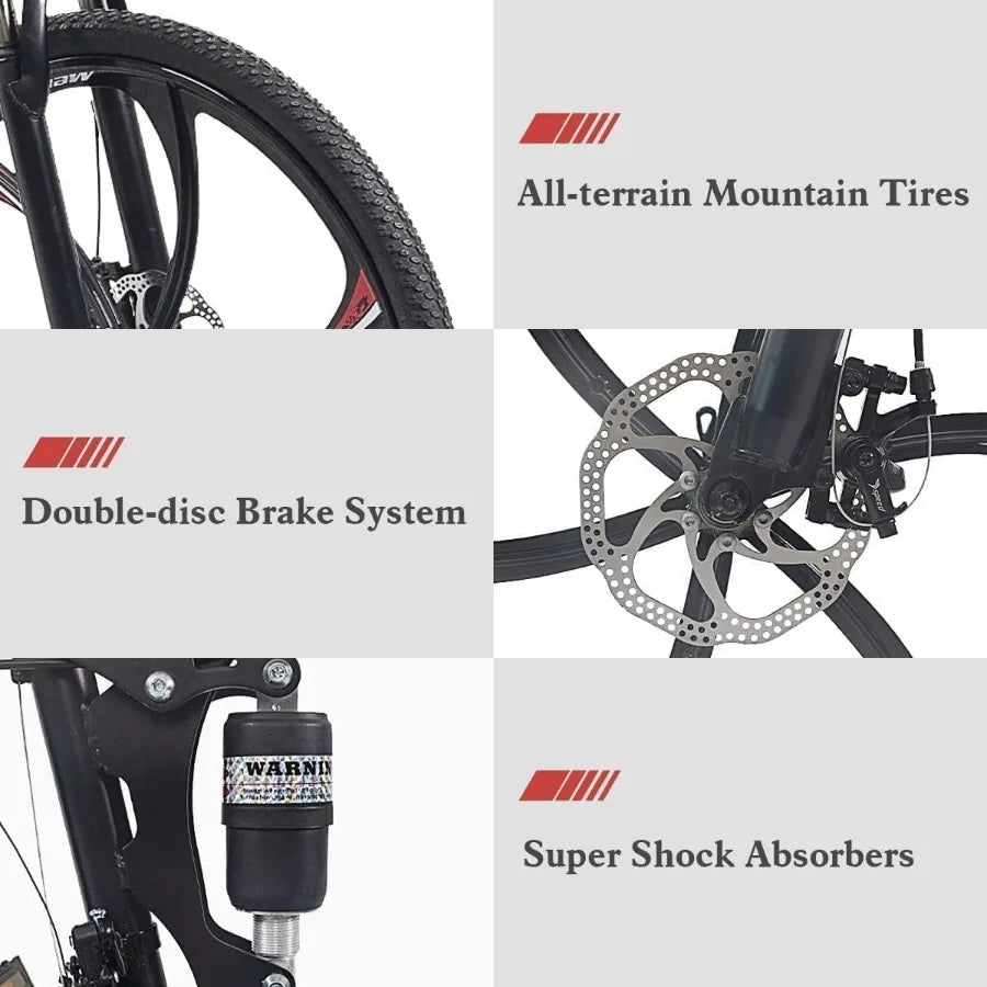 26 Inch Folding Mountain Bike With 21 Speed Dual Suspension For Adults