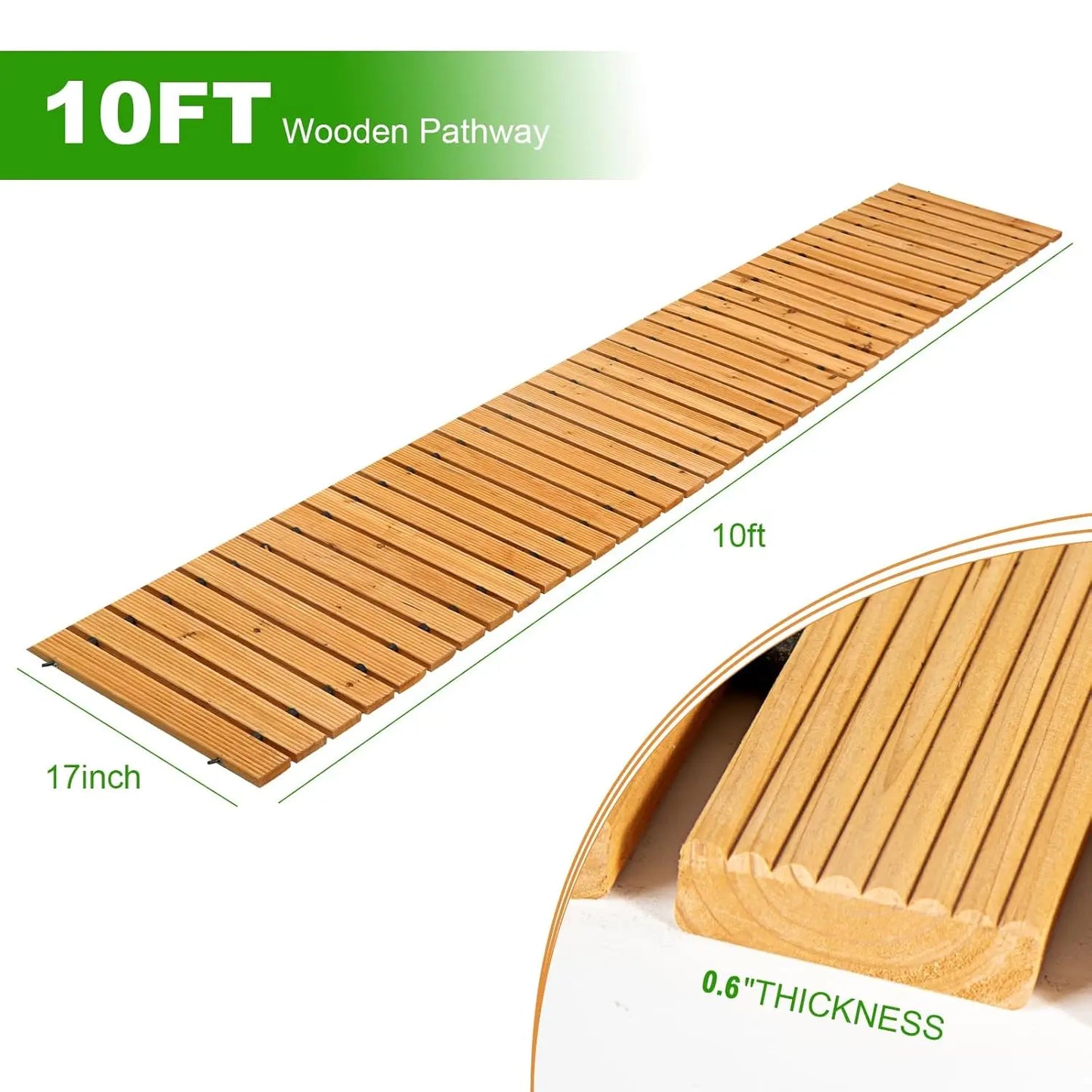 10FT Wooden Garden Pathway Outdoor Roll Out Decorative Walkway Weather Resistant Non Slip Hardwood Pavers for Garden Backyard Beach Wedding Party