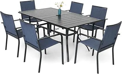 7 Piece Outdoor Patio Dining Set with 6 Stackable Chairs and Rectangular Table in Black