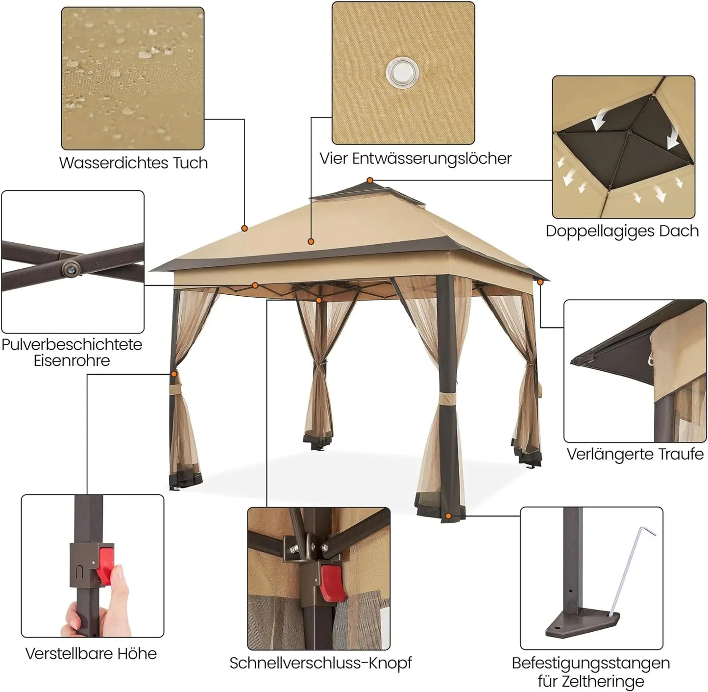 Gazebo 3.3x3.3m Waterproof Stable Pop Up Folding Gazebo, Adjustable Garden Gazebo with 4 Mosquito Net Side Panels & Double Roof - Get Outside Today 25