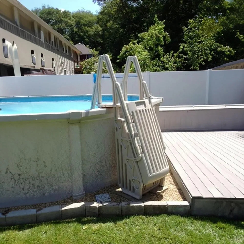 24 Inch Double Pool Step Ladder with Gate Adjustable Stair Entry System with Handrails for Above Ground Swimming Pools Taupe