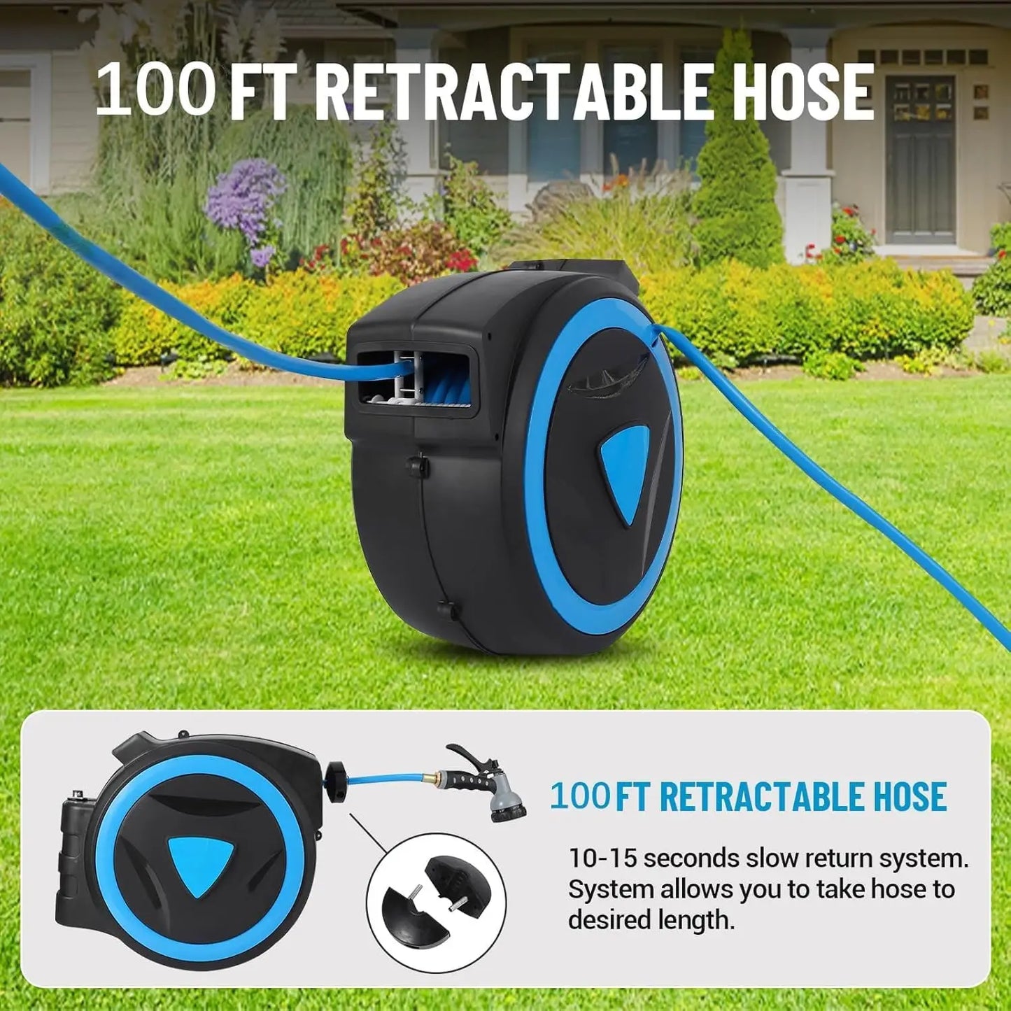 Retractable Garden Hose Reel 1/2 Inch x 100 Feet Wall Mounted 9 Function Sprayer Nozzle Any Length Lock Slow Return